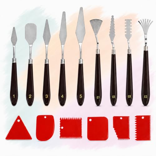 15 Pcs Painting Palette Knife Set, 9 Pcs Professional Stainless Steel Palette Knives with 6 Plastic Scrapers, Art Paint Tools for Oil, Acrylic, Watercolor Painting and Cake Decorating