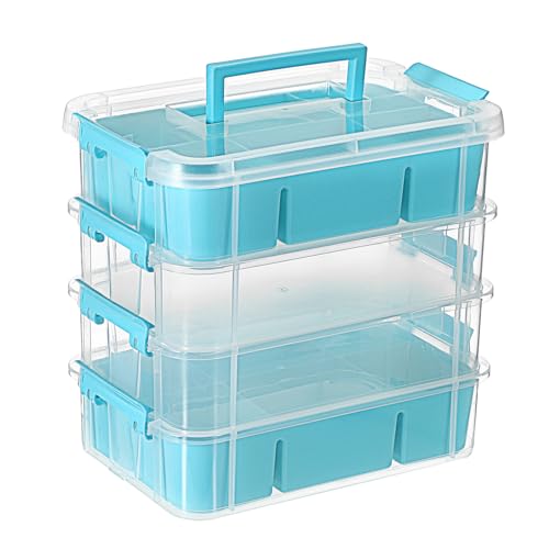 JUXYES 4-Tiers Plastic Stack Carry Storage Containers Box wih Handle Lids - color: Blue