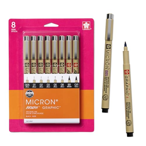 Sakura Pigma Micron, Graphic & Brush Fineline Pens, Archival Black Ink, 8 PK 30067 | Archival Black Ink Pens for Writing, Illustration & Journaling, Great for Artists, Crafters & DIY Gift Projects - size: 8 Count (Pack of 1)