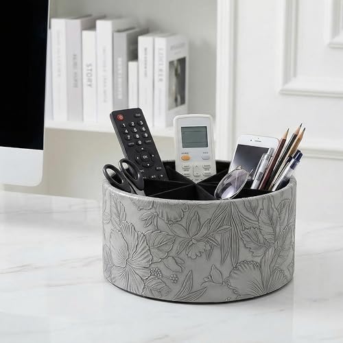 Remote Control Holder, 360°Spinning PU Leather Desk TV Remote Caddy,Desk Storage Box Room Accessories for Controller, Media,Mail,Calculator, Mobile Phone,Pencil(1-Carved Grey) - color: 1-Big Carved Grey