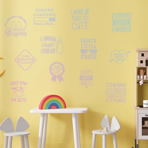 Baby Shower Onesie Stencils for Painting - 65 Pcs Small Baby Shower Reusable Stencils for Painting for Canvas Decoration, Cute Panda Cow Cat Painting Templates DIY Home Walls Fabric Decorations - style: Baby Shower