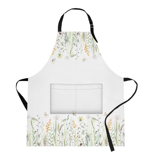 Britimes Apron with Pockets, 32x28 inch, for Women Men, Wild Flowers - color: Eucalyptus