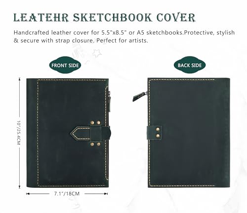 Fasjosma Leather Sketchbook Cover for A5/5.5"x8.5" Top Spiral Bound Sketch Pads - Handmade Genuine Leather Artist Case with Pencil Holder & Zipper Pocket, Professional Drawing Supplies - color: Green, size: 5.5" x 8.5"