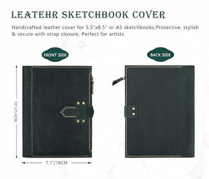 Fasjosma Leather Sketchbook Cover for A5/5.5"x8.5" Top Spiral Bound Sketch Pads - Handmade Genuine Leather Artist Case with Pencil Holder & Zipper Pocket, Professional Drawing Supplies - color: Green, size: 5.5" x 8.5"