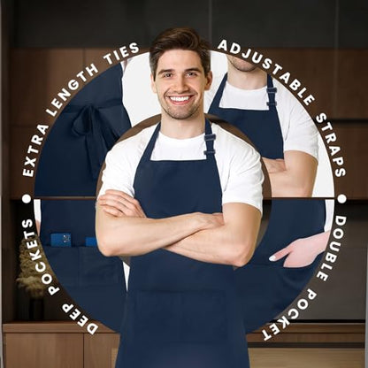 Adjustable Bib Apron 100% Polyester Kitchen Aprons Waterdrop Resistant Aprons with Adjustable Strap, Pockets & Long Ties - color: Navy Blue, style: Pack of 2
