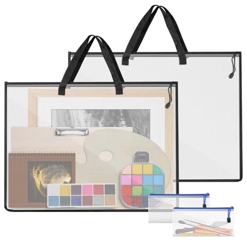 4 Pcs Art Portfolio Bag, 2 Pcs (25.31'' x 18.77'') Artwork Posters Storage Supply Bag and 2 Pcs (9.44'' x 4.33'') Small Mesh Zipper Pouch for Bulletin Board, Poster, Scrapbook, Brushes, Pencil