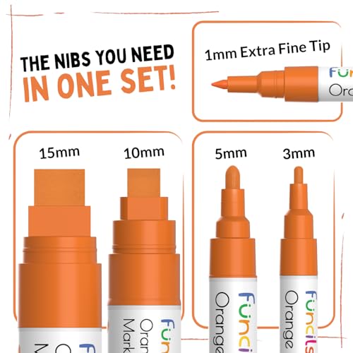 5 Orange Paint Pens - Acrylic Paint Marker for Rock Painting, Wood | Extra Fine Tip, Thin & Jumbo Pen (1mm, 3mm, 6mm, 10mm, 15mm) for Metal, Fabric, Plastic, Canvas, Glass - Water-based Ink - color: Orange