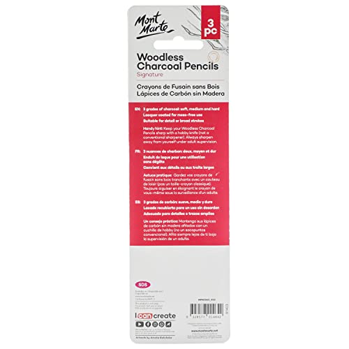 Mont Marte Woodless Charcoal Pencils, 3 Piece. Features 3 Grades Of Charcoal Including Soft, Medium and Hard.