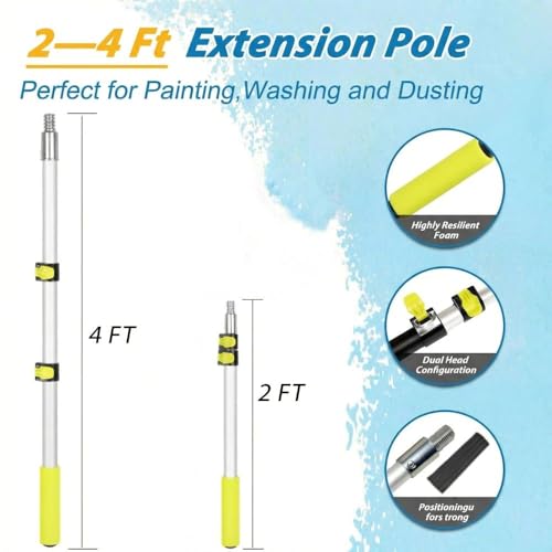 Paint Roller Kit with 2 to 4 FT Extension Pole for House Painting - Completed Home Painting Set with 9″ & 4″ Paint Roller Covers, Tray, Paint Brushes and Accessories