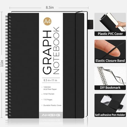 AHGXG Spiral Graph Paper Notebook, 110 Pages, A4 (8.5" x 11") | 100 gsm Thick Grid Paper, Waterproof Plastic Cover, for School Writing Engineering (Black) - color: Black, style: A4-Graph