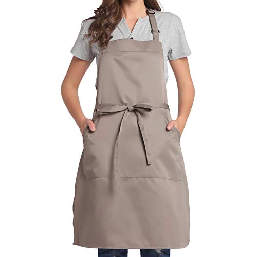 BIGHAS Adjustable Bib Apron with Long Ties for Women Men 18 Colors Chef Kitchen Cooking - color: Tan