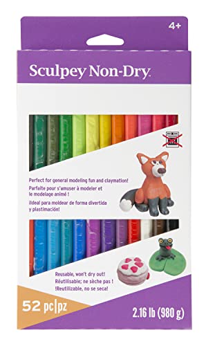 Sculpey Non-Dry™ Resuable, Non Drying Clay; 52 Pieces of Clay, Assorted Colors, 2.16 lbs of Clay, Variety Pack. Great for claymation and General Modeling. Ages 4 and up - size: 11 x 6 x 1