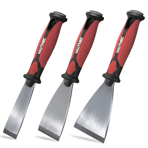 HAUTMEC 3pc Putty Knife Set, 1.25 in - 2 in - 3 in Paint Scraper, Flat Heavy Duty Stainless Steel Blade and Hammer End for Removing Wallpaper for Puttying Plaster, Cement HT0062-PT