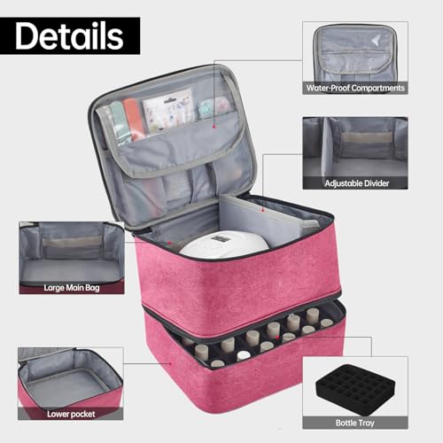 Buruis 2 Layer Nail Polish Bag, Nail Supplies Organizer, Pink | Dual Zippers, Adjustable Divider, Nail Dryer Storage, Fits 25 Bottles (15ML), Nail Tools Bag, Portable Manicure Case - color: Pink