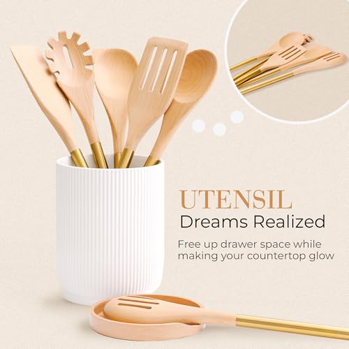STYLED SETTINGS White Ceramic Utensil Holder with Built-In Wooden Spoon | 2 Piece Set for Kitchen Countertop Organization, Ceramic Utensil Crock & Wood Spoon Rest - color: White and Brown