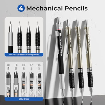 Nicpro 30PCS Professional Drafting Tools & Geometry Set with Case, Architect Protractor Set, Metal Mechanical Pencils, Pen, Scale Ruler Metal Ruler, 5 Drawing Templates for Interior Design House Plan - size: 30 PCS