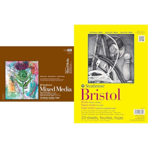Strathmore 400 Series Mixed Media Pad, 18"x24", White, 15 Sheets & 300 Series Bristol Paper Pad, Vellum, Tape Bound, 9x12 inches, 20 Sheets (100lb/270g)