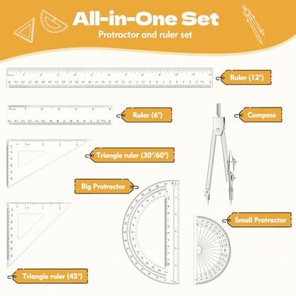 7Pcs Geometry Set-Clear Plastic Rulers,Triangle Ruler,Protractor,Compass | 12Inch & 6Inch Ruler Set for School Office Math Drawing Drafting Engineering Architecture Art