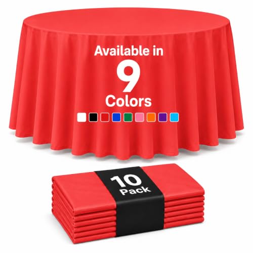 Auros 10-Pack Red Plastic Table Cloth, 84" Round Disposable Table Cover | Waterproof, Spill-Proof & Throw Away Table Cloth, Easy Cleanup for Party, Birthday, Wedding, Graduation, Picnic, Party Red - color: Party Red, size: 84" Round