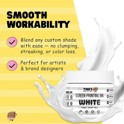 Tinks Screen Printing Ink -White - 8 oz. | Water-Based Fabric Ink - Screen Printing, Stenciling, Tote Bags & Fabric Stamping - Non-Toxic, No Harsh Fumes - 8 oz. - color: White