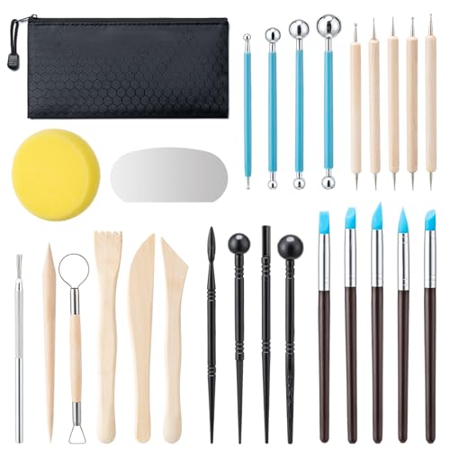 Amrules 27 Pcs Polymer Clay Sculpting Tools Kit for Adults, Light Yellow | Multi-Functional for Carving, Dotting & Molding, Ideal for Art Class & Pottery Studio, Comes with Zipper Storage Bag - color: Lightyellow-27Pcs