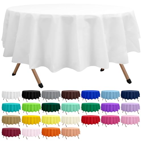 2 Pack White Premium Plastic Tablecloth Round 84 Inches Reusable Snowy White Decorative Table Cover for Dining, Wedding, Party, Indoor and Outdoor use - color: G01 White, size: Round 84"