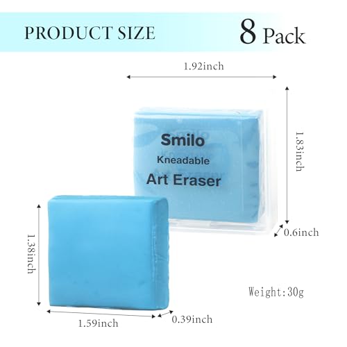 Smilo Kneaded Erasers for Artists, Blue Moldable Putty, 8-Pack | Reusable, Dust-Free and No Smudge, Art Erasers with Storage Case for Charcoal, Graphite, Pencil and Pastel Drawing - color: Blue