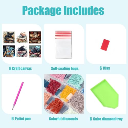 Axquilon 6 Pack Dragon Diamond Art Kits for Adults 12x12 inch | Diamond Painting Kits for Adults, 5D Round Full Drill Gem Art, Paint by Diamonds Pictures DIY Crafts Kits - color: 6 Pack Dragon