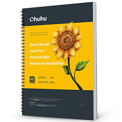 Ohuhu 16.5"x11" Marker Paper Pad Art Sketchbook for Drawing and Sketching | XL A3 Large Sketch Book -120 LB/200 GSM Smooth Drawing Paper -48 Sheets/96 Pages -Spiral-Bound Sketch Pad for Alcohol Markers - size: 16.5" x 11"
