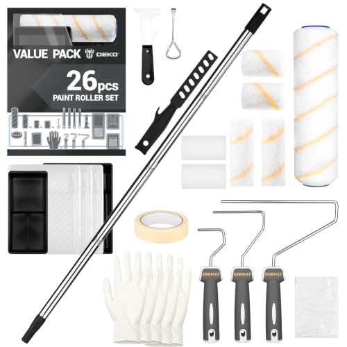 DEKOPRO Paint Roller Kit, 26-Piece Paint Roller Set with Extension Pole, 2" 4" 9" Paint Rollers with Microfiber Sleeves, & Frame, Tray for Walls, Cabinets, Interior, Exterior, House Painting Supplies