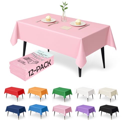 12-Pack Light Pink Plastic Tablecloths – 54 x 108 Inch Disposable Table Covers for Rectangle Tables, Heavy Duty & Waterproof for Parties, Events, Banquets, Light Pink - color: Light Pink, size: 54" x 108" Rectangle
