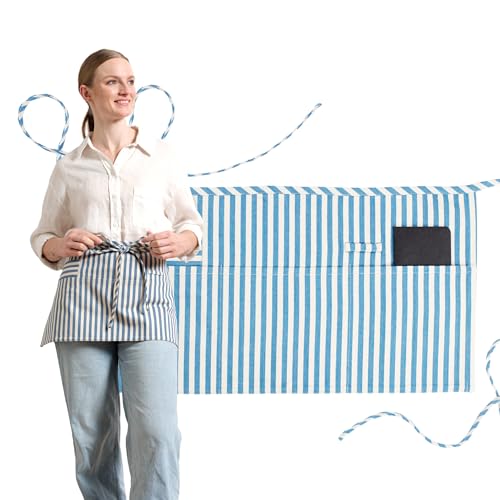 MEEMA Chef Waist Aprons for Women with Pockets, Adjustable Cooking Aprons - color: Striped, style: Pro Chef Twill
