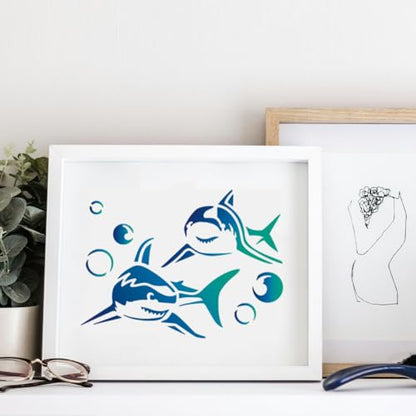 5Pcs Ocean Shark Stencils, Reusable Painting Templates | Multi-Size Plastic Craft Stencils, Shark Marine Wall Stencils, DIY Home Decor Templates for Wood Wall Floor Fabric Furniture - style: Shark