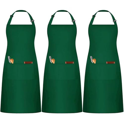 3 Pack Black White Chef Apron, Adjustable Kitchen Apron with 3 Pocket for Men Women Waitress Waiter Serve (Polycotton) - color: Green