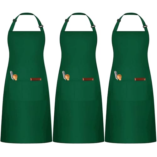 3 Pack Black White Chef Apron, Adjustable Kitchen Apron with 3 Pocket for Men Women Waitress Waiter Serve (Polycotton) - color: Green