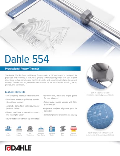 Dahle 554 Professional Rotary Trimmer, 28" Cut Length, 20 Sheet Capacity, Self-Sharpening, Dual Guide Bar, Automatic Clamp, German Engineered Paper Cutter - size: 28" Cut Length