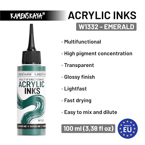 KAMENSKAYA Acrylic Inks for Artists - Emerald Acrylic Ink, 3.38 Fl Oz (100 ml) | Highly Concentrated, Multifunctional Liquid Acrylic Paint - color: Emerald