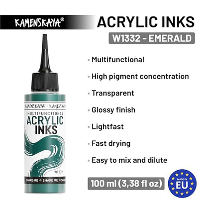 KAMENSKAYA Acrylic Inks for Artists - Emerald Acrylic Ink, 3.38 Fl Oz (100 ml) | Highly Concentrated, Multifunctional Liquid Acrylic Paint - color: Emerald