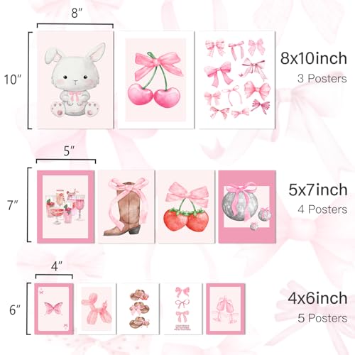 Aroutde 12Pcs Pink Coquette Canvas Wall Art Preppy Nursery Room Decor | Aesthetic Pink Bow Ties Cherry Prints Baby Girls Wall Decor for Toddler Kids Playroom College Apartment (Unframed) - color: Pink