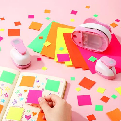CHENGU 3 Pack Square Hole Punch 2"/1"/0.6", Pink | Paper Craft Cutters for Card Making, Shape Punches for Scrapbooking, Includes 10 Sheets Stickers, Photo Album DIY Projects - color: Pink, style: Square