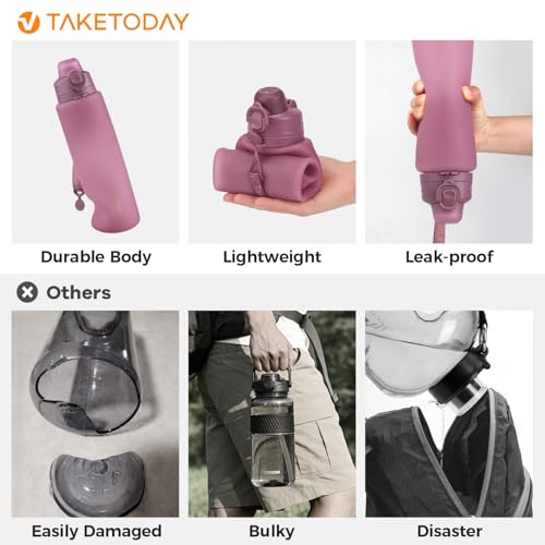 TakeToday Collapsible Water Bottles, Foldable for Travel, 32oz, Purple | Compact Foldable Travel Bottle with Straw, TSA-Approved Leakproof Silicone, BPA-Free for Hiking & Outdoors - color: Purple