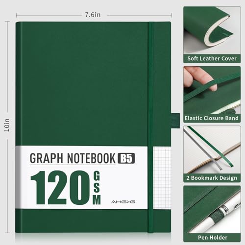 AHGXG Graph Paper Notebook, 120 GSM Paper, 96 Pages, B5 (7.6'' X 10'') - color: Dark Green, style: B5-Grid-120G
