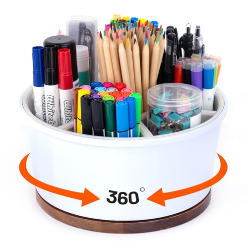 Pen Organizer For Crayon Marker Color Pencil, Lazy Susan Art Supply Storage Organizer, Pen Holder For Desk School Office Home White - color: White