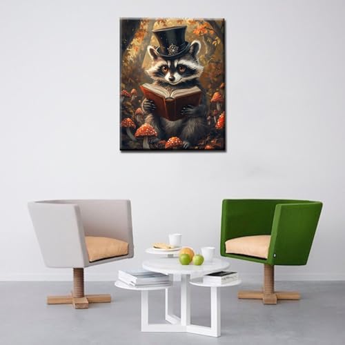 Raccoon Reading Book Paint by Numbers Kit for Adults Beginners on Canvas,Animals DIY Oil Painting Crafts Acrylic Mushrooms Paintwork Home Wall Decoration Gifts 16X20 Inch (Frameless) - color: Hat Animal-06, size: 16''x20''(Frameless)
