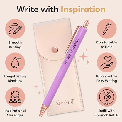 Fancy Pen Set For Women - Inspirational Nice Teacher Pens | Pretty Motivational Thank You Gifts | Cute Positive Work, Office, Promotion, Coworkers, Intern, Gratitude & Job Motivation Gift - color: Purple, Blue, Mint