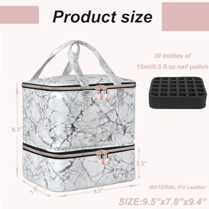 FCQQYWZ Nail Polish Organizer Case - Holds 30+ Bottles (15ml/0.5 fl.oz) and 1 Nail Lamp, Upgraded Double-layer Nail Polish Carrying Case Nail Polish Storage Bag with Handles (WHITE) - color: White-30Bottles