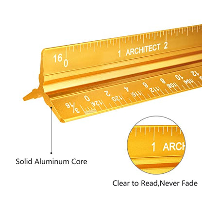 Architectural Scale Ruler, Imperial Measurements 12'', Laser-Etched Aluminum Architect Triangular Ruler Gold for Architects, Students, Draftsman, and Engineers by mveohos | Gold, Laser-Etched Aluminum Architect Triangular Ruler for Architects, Students, D