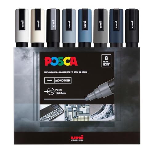 POSCA® PC-5M Paint Markers, 8 Count Monotone Medium Reversible Tip Set - color: Mono