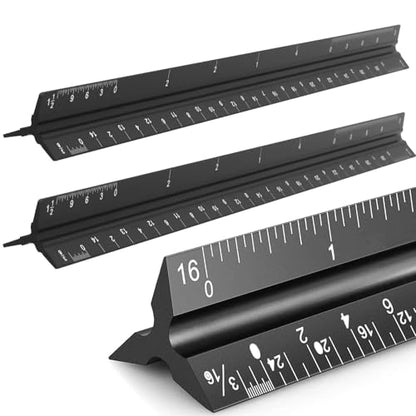KEILEOHO 3 Pack Architectural Scale Ruler, 12 Inch | Imperial Aluminum Architect Scale, Triangular Drafting Ruler for Engineers, Contractors, Black