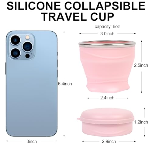 Collapsible Cup with Lid - 6oz Mini Silicone Folding Travel Cup with Steel Rim - BPA Free Small Portable Pocket Cup for Camping, Hiking, Kids, Mouthwash & Pills (Sakura Pink) - color: Sakura Pink